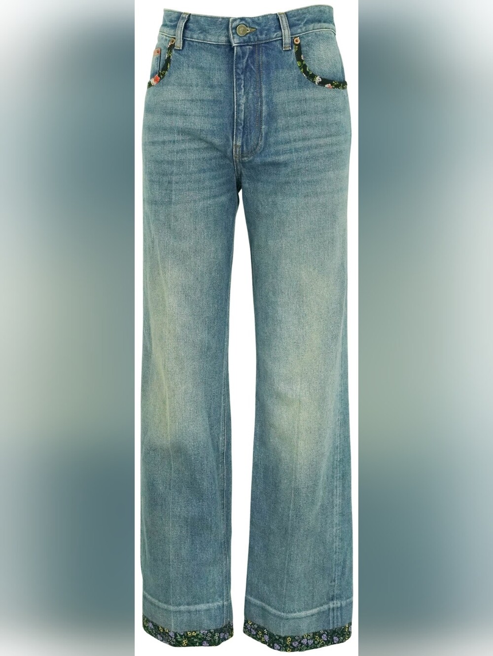 Nwt Valentino $1390 Women’s Light Blue Floral Trim Wide-Leg Jeans